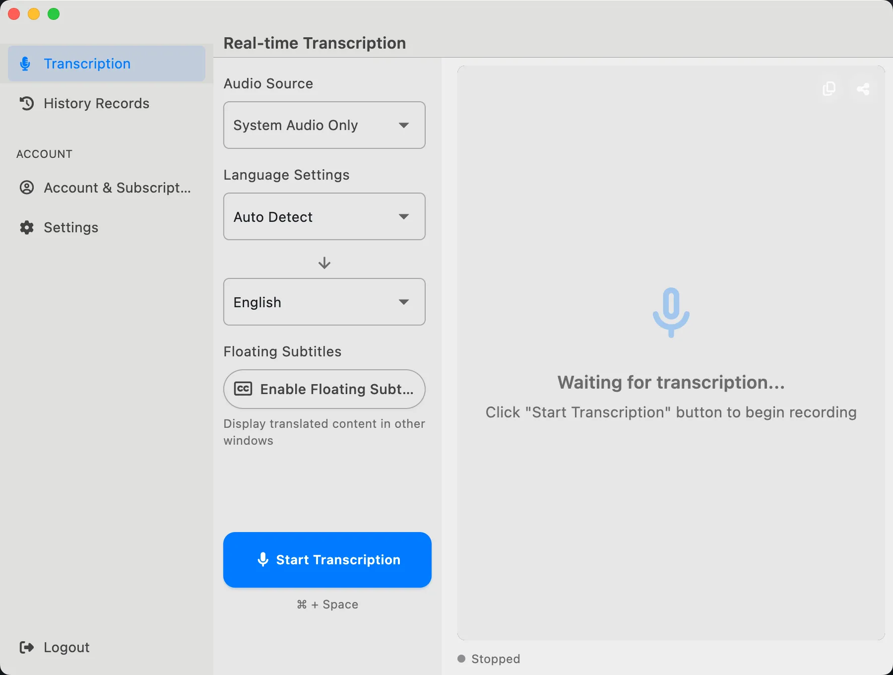 LiveTrans 1.0.7 showing system audio selection, source and target language controls, floating subtitle settings, and the transcription area