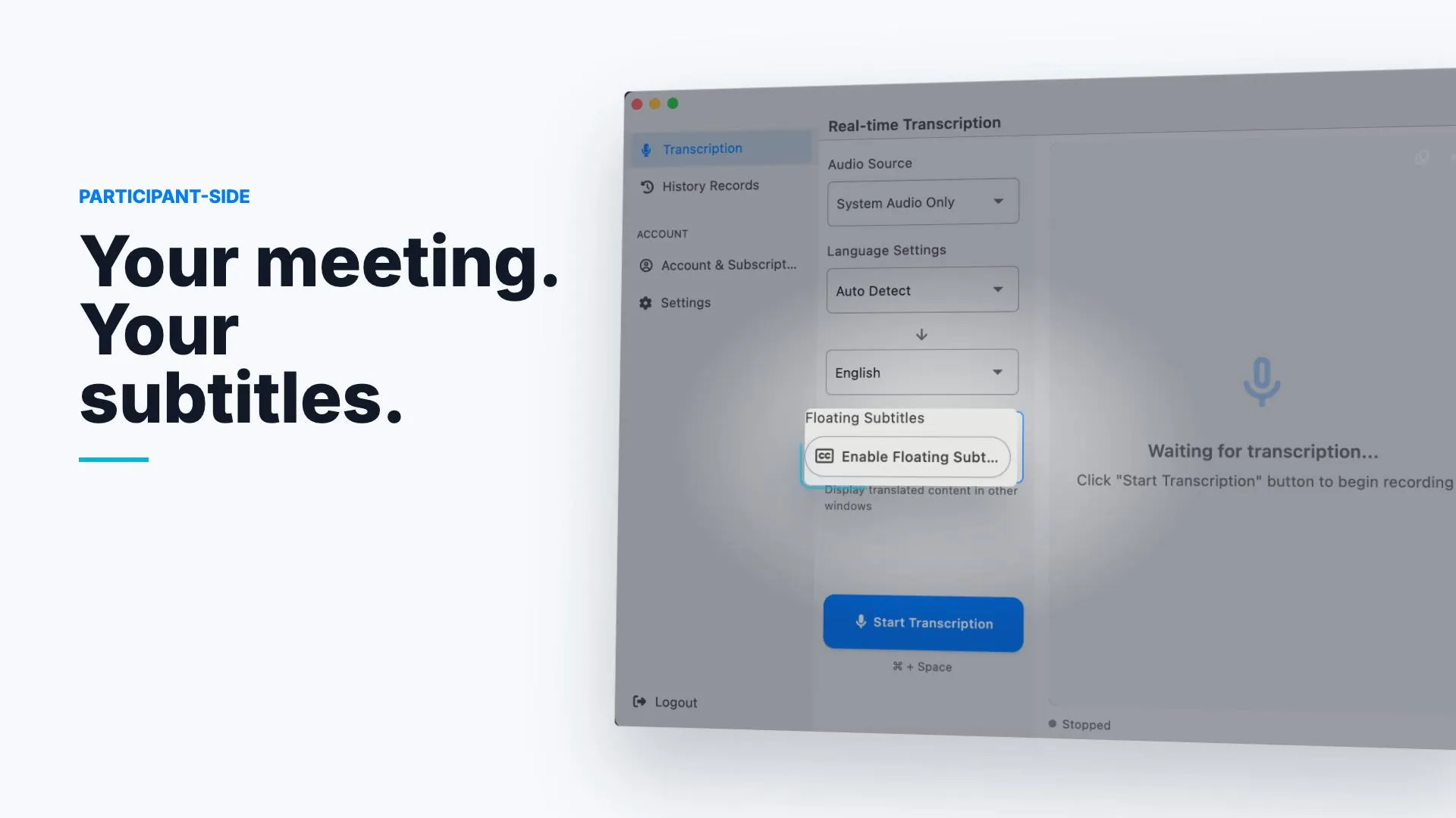 LiveTrans participant-side product film showing the current macOS interface